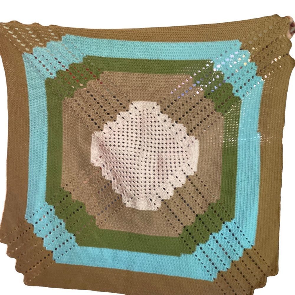 Handmade afghan lap throw crochet blanket, 33X40, brown, blue,‎ green, pink